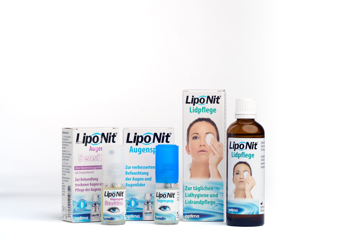Vier LipoNit-Produkte in Verpackungen und Flaschen, darunter Augenspray und Lidpflege, auf weißem Hintergrund.