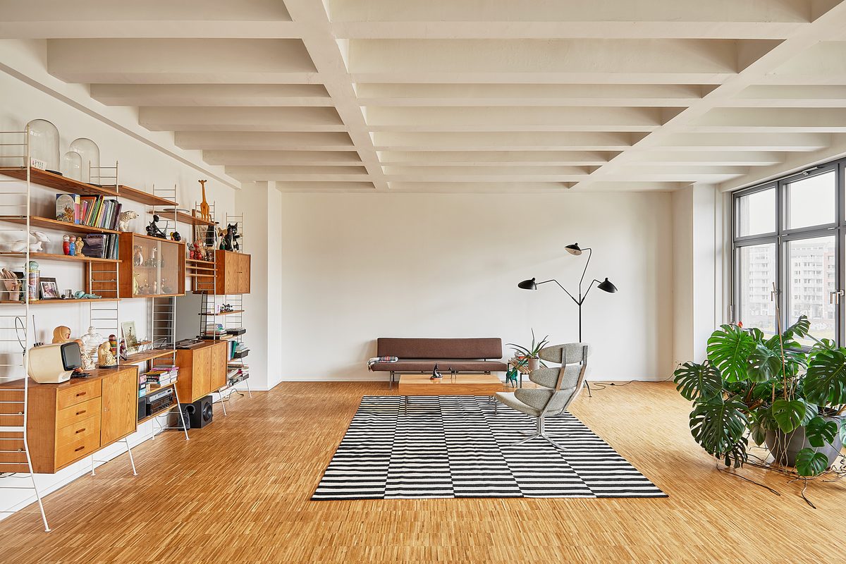 Ein Wohnzimmer mit Holzparkett, weissen Wänden, einem braunen Sofa, einem Sessel, einem schwarz-weiss gestreiften Teppich und Pflanzen.